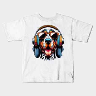 Grinning Bluetick Coonhound as Smiling DJ with Headphones Kids T-Shirt